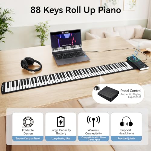 88 Keys Roll Up Keyboard Piano, Portable Electric Foldable Piano with Sustain Pedal, 20 Songs, 128 Tones, 128 Rhythms, Rechargeable & Wireless BT, Music Gift for Beginners (with LED Display) - Les Beatles, Paul McCartney, John Lennon, RIngo Starr, George Harrison 88 Keys Roll Up Keyboard Piano, Portable Electric Foldable Piano with Sustain Pedal, 20 Songs, 128 Tones, 128 Rhythms, Rechargeable & Wireless BT, Music Gift for Beginners (with LED Display) – Image 3