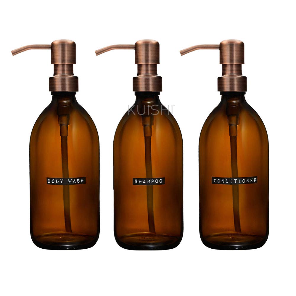 Kuishi- Set di 3 bottiglie da bagno da 500 ml- Vetro ambrato- Riciclato-Dispenser di shampoo- Dispenser per il bagnoschiuma- Pompa in acciaio inossidabile color bronzo- Arredamento moderno per la casa