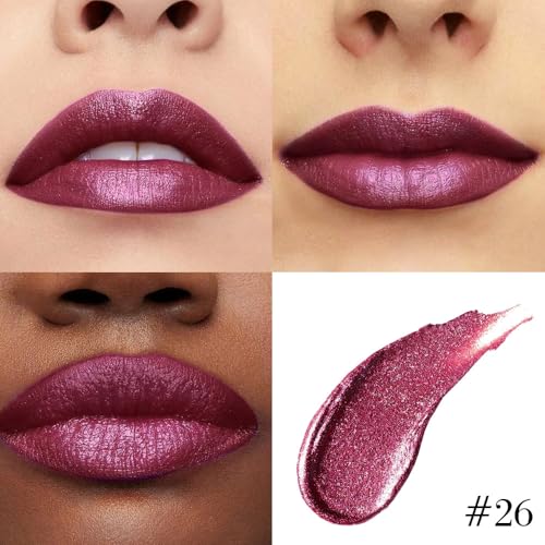 Image of evpct Dark Purple Red Metallic Glitter Lip Liner and Lipstick Combo Lip Gloss Stain Set Makeup for Women Long Lasting Waterproof 24, Non Stick Cup Metal Shine Shimmer Iridescent Liquid Lipstick 26