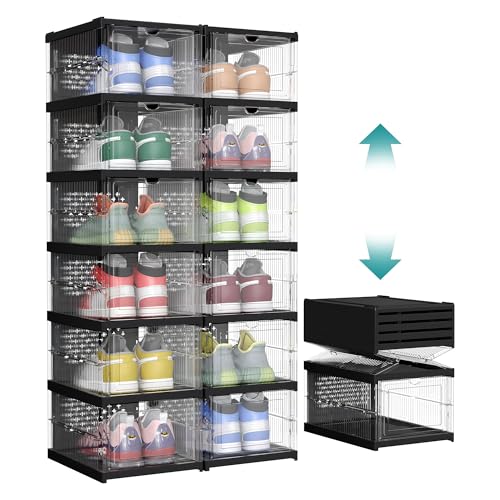 SONGMICS Schuhschrank 2er Set, mit 12 Schuhboxen, integrierter Schuh-Organizer, faltbar, tragbar, für Schuhe bis Größe 46, 1-Min-Montage, transparent-tintenschwarz LSP206B01