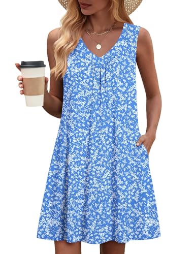 Image of Zeagoo Summer Dresses for Women 2026 Sleeveless Dress V Neck Tank Dress Pleated Floral Tshirt Sundresses with Pockets