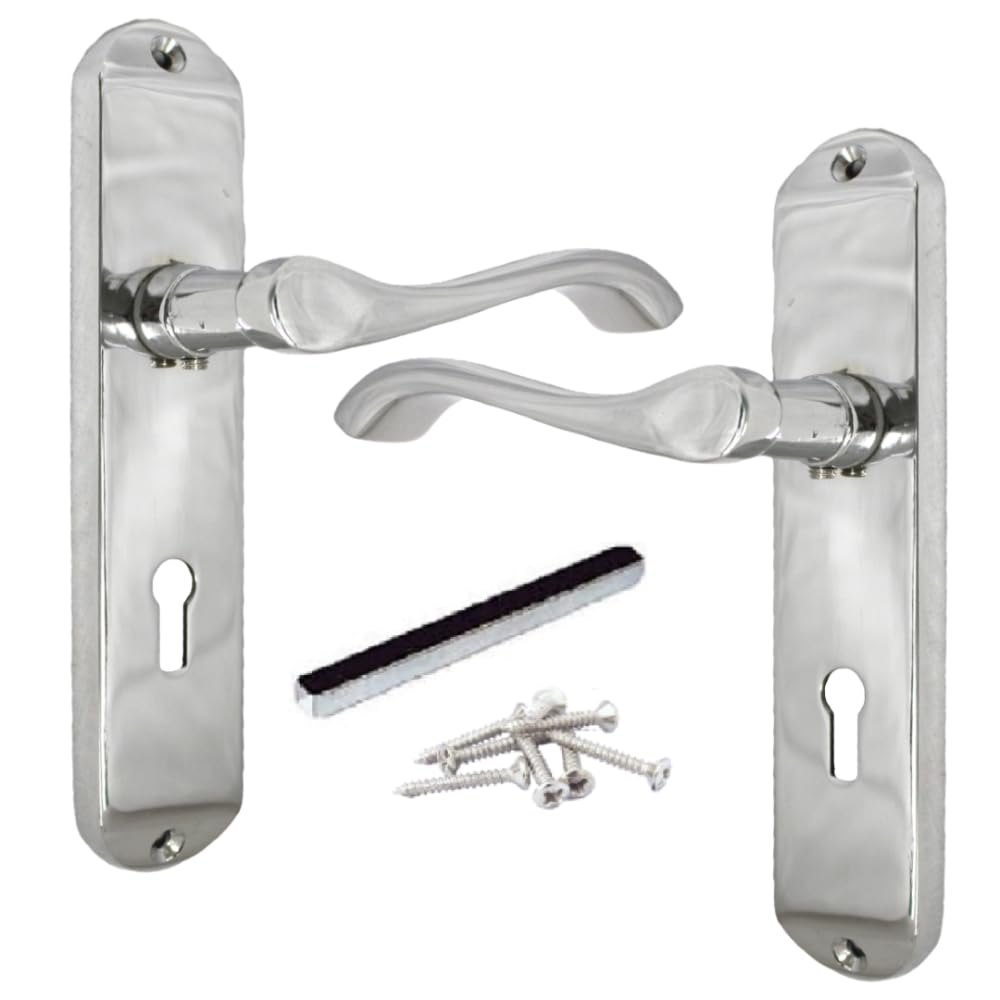 Epsom Door Handle Cadenza Victorian Scroll Lever Lock Handle – Polished Chrome Interior Door Handle Set Only, 178mm x 40mm Backplate, Classic Scroll Design for Home & Office Doors