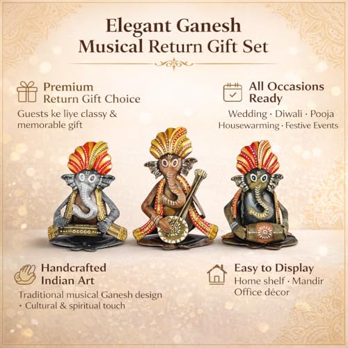 Image of CraftVatika Metal Ganesha Playing Musical Instruments Set of 3, Handcrafted Ganesha Playing Dholak Harmonium Sitar Showpiece for Living Room Tabletop Home Decor Items, Ganesh Musical Showpiece