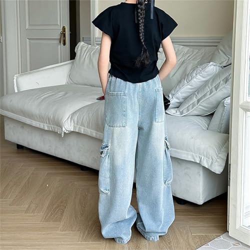 Girls Straight Wide Leg Bootcut Jeans Baggy High Elastic Waist Denim Pants Casual Y2k Streetwear4