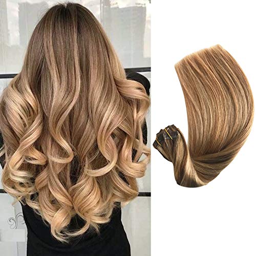 Human Hair Extensions Clip in Double Weft Real Remy Hair Extensions Ombre Balayage Medium Brown With Medium Golden Brown Highlights to Strawberry Blond 120G Clip on Hair Extensions 7pcs 17 Clips 18"