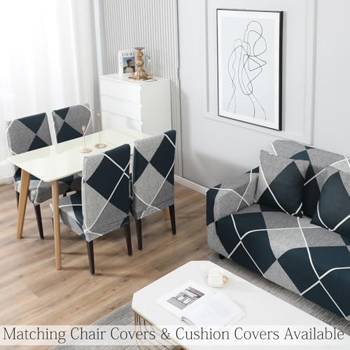 Image of HOKIPO 95% Polyester, 5% Spandex Elastic Stretchable Single Seater Sofa Cover, Blue Rhombus (AR-4093-D15)