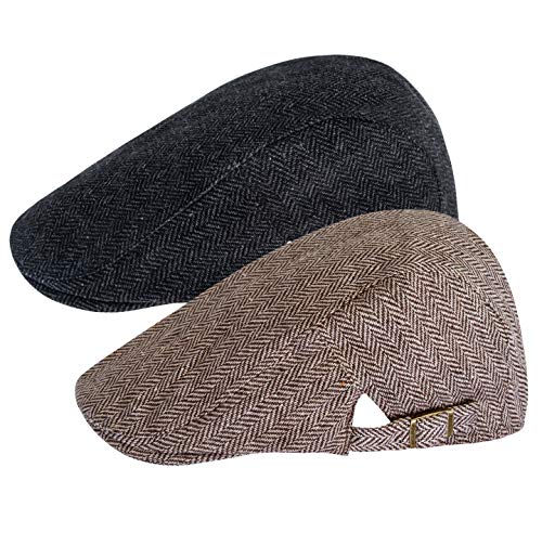 2 Pack Newsboy Hats for Men Classic Herringbone Tweed Wool Blend Flat Cap Ivy Gatsby Cabbie Driving Hat