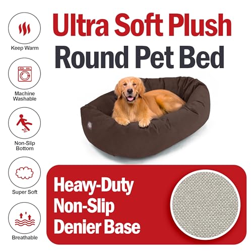 Image of Majestic Pet Suede Shredded Memory Foam Mix Calming Dog Bed Washable - Cozy Soft Round Dog Bed with Spine for Head Support - Fluffy Donut Dog Bed, 40 Inch, Chocolate