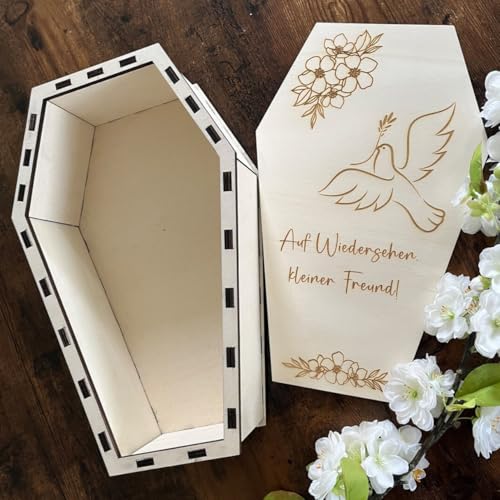 NoriKids Tiersarg aus Holz - Sarg für Haustiere – passend für Hamster, Mäuse o. Vögel – Motiv Taube o. personalisiert mit Name, Botschaft & Motiv – Holzkiste mit Deckel – 34 x 21 x 11 cm