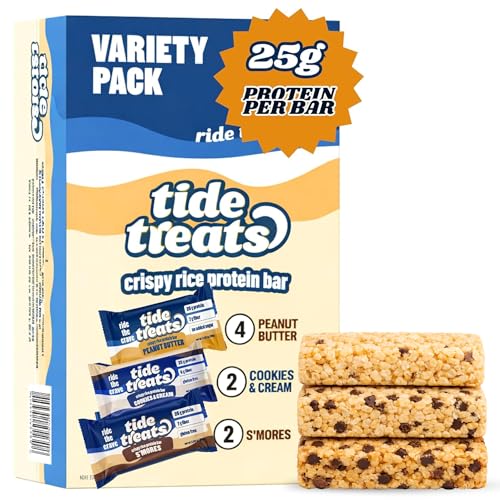 Image of Tidetreats Crispy Rice Protein Bars - High Protein Snack with 25g Protein, Low Sugar, 7g Fiber, Gluten Free, Clean Ingredients - Healthy Energy Bars - 8 Count, Variety Pack