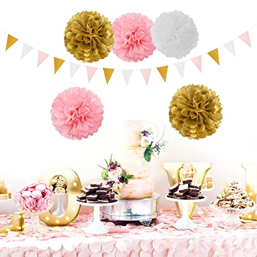 Image of Pink-White Gold Girl Birthday Party-Decorations - 23pcs Kits Tissue Paper Pom Poms Streamers,Princess Banner Flags,Bachelorette Baby Bridal Shower Engagement Decoration Tassel Garland Lasting Surprise