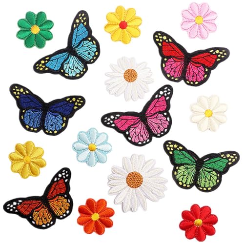 Riceverete 16 toppe adesive termoadesive a forma di fiori e farfalle, realizzate in poliestere di alta qualità, con colori vivaci e disegni raffinati.