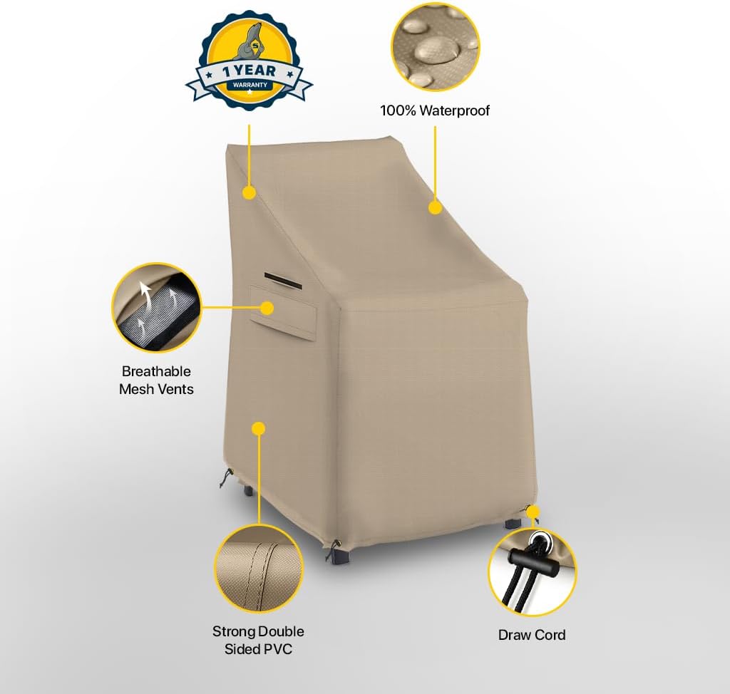 Seal Skin Covers Waterproof High-Back Chair Cover, Heavy Duty Outdoor Furniture Cover with Drawstring, Buckles, Air Vent, Durable Fabric (Beige, 27" L x 27W x 49" H)