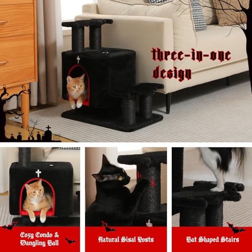 Image of Gothic 3-in-1 Dog Stairs & Cat Scratching Post with Condo - Pet Steps for High Beds, Sofa & Couch, 3-Tier Cat Tower with Sisal Scratching Pad for Small Dogs, Cats & Kittens, Black