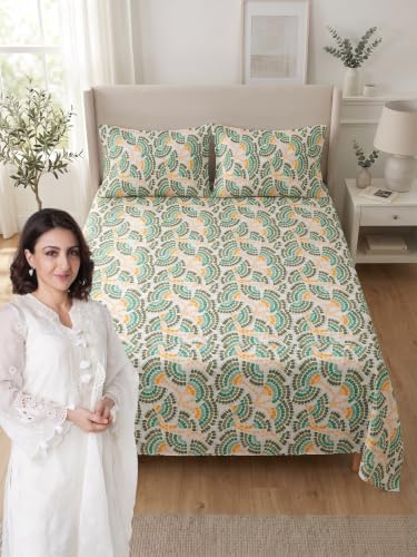 Image of Mafatlal 144 TC Double bedsheet Set, Floral Design bedsheet for Double Bed, 90x100 inches Cotton Double Bed Sheet, Pure Cotton Full Bedspread Cover|Off-White