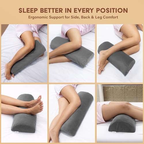 Image of Orthopaedic Leg Support Memory Foam Half Moon Bolster (Grey) - 2 Year Warranty Knee Pain Relief for Side Sleepers Back Alignment Roll for Sleeping & Office Sitting Washable Velvet Cover
