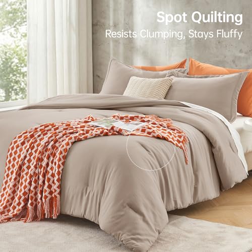 Image of MUXHOMO King Size Comforter Set, All Season Ultra Soft Down Alternative Bedding - 3 Piece Lightweight Bed Set Includes 1 Comforter (104 inchx90 inch) and 2 Pillow Shams (20 inchx36 inch), Dark Linen