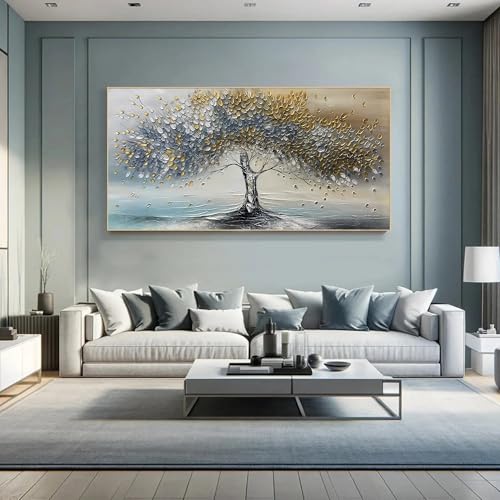 Peinture abstraite fleurs bleu-gris sur toile premium 90x180 cm - 3