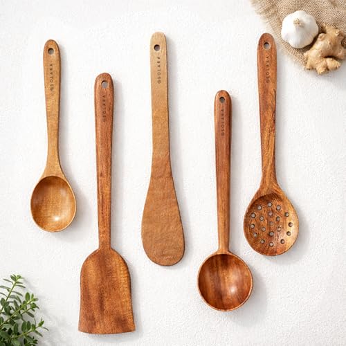Image of SOLARA Neem Wooden Spatula Set of 5, Spatula Kitchen Tools, WoodenLadle, Spatula Set for Non-Stick Pan, Naturally Antibacterial, Eco-Friendly & Non-Toxic, Ideal for Non-Stick Cookware