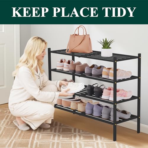 Image of Smiry Bamboo Shoe Rack, 5 Horizontal Slats, 4 Tier - 33.9 inch Wide, Black