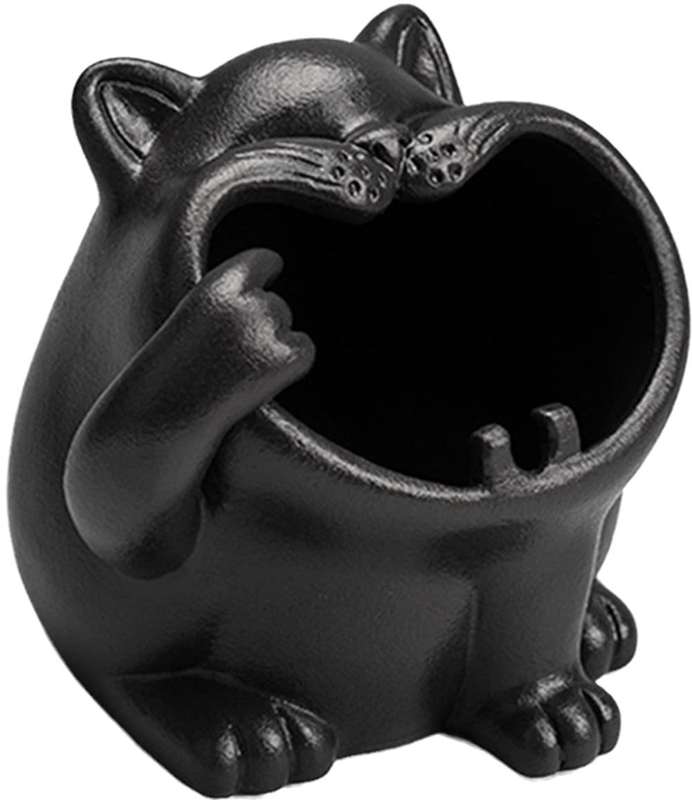 XIOU Desktop Ceramic Trash Can, Animals Garbage Can for Office Desktop, Small Bucket for Home Indoor Decoration, Cute Mini Tabletop Wastebasket (Cat-b (Black))