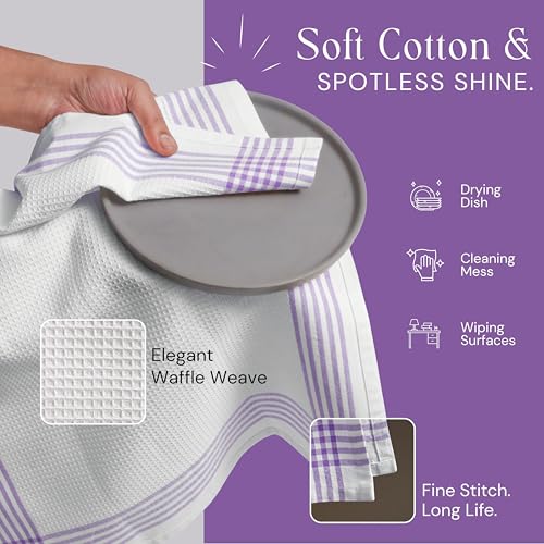 Image of Waffle White & Lavender Kitchen Dish Towels 4 Pack, 100% Cotton, 16 inchx26 inch, Thick Hand Towel for Drying Dishes, Quick Dry Washcloths, Perfect for Bar, Cooking, Serving, Cleaning