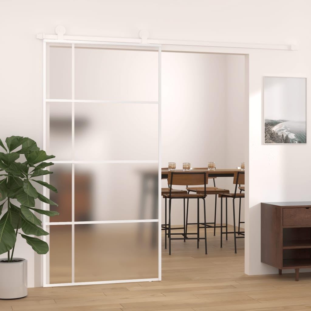 Drzwi przesuwne, matowe szkło ESG i aluminium, 102,5 x 205 cm, białe, materiały budowlane, drzwi, drzwi domowe