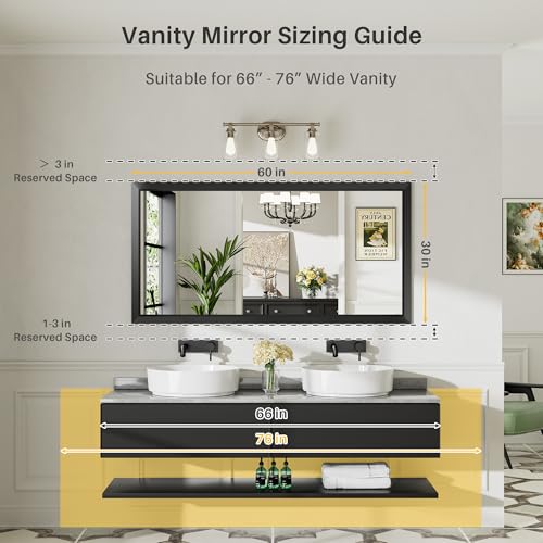 Image of Briivue 60x30 Inch Black Bathroom Mirror for Wall, Thick Metal Framed Rectangle Mirrors for Over Sink, Bedroom, Living Room, Entryway, Anti-Rust, HD Tempered Glass