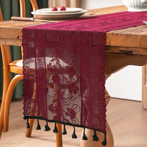Burgundy Lace Table Runner Flower Dark Red Boho Table Runner
