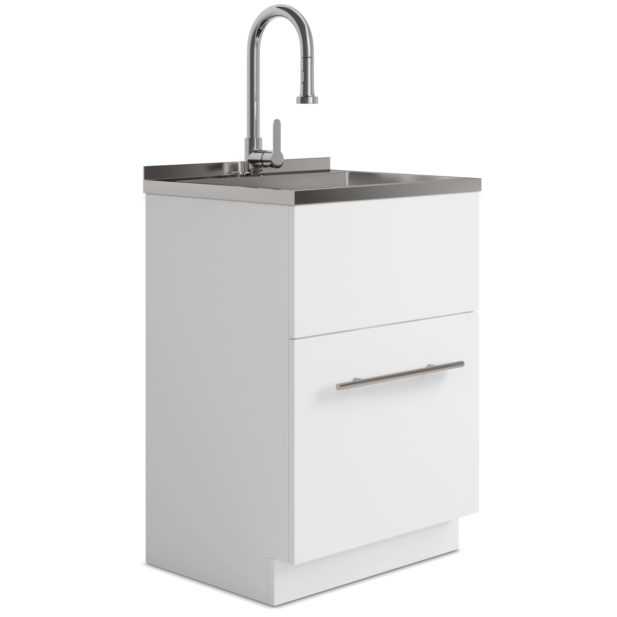 SIMPLIHOME Metro 24" Wide Stainless Steel Sink Laundry Cabinet in White
