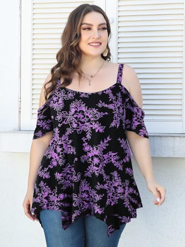 Image of LARACE Cold Shoulder Tops for Womens Summer Clothes Spaghetti Strape Tunic Oversized Shirts Asymmetrical Plus Size Blouse