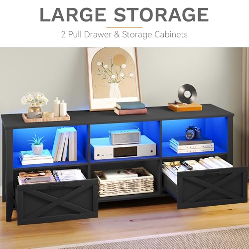 DWVO 70 Inch Farmhouse TV Stand with LED Lighting, Fits TVs up to 80 Inches, Media Console with Storage and Customizable Divider, Entertainment Center for Living Room (Black)