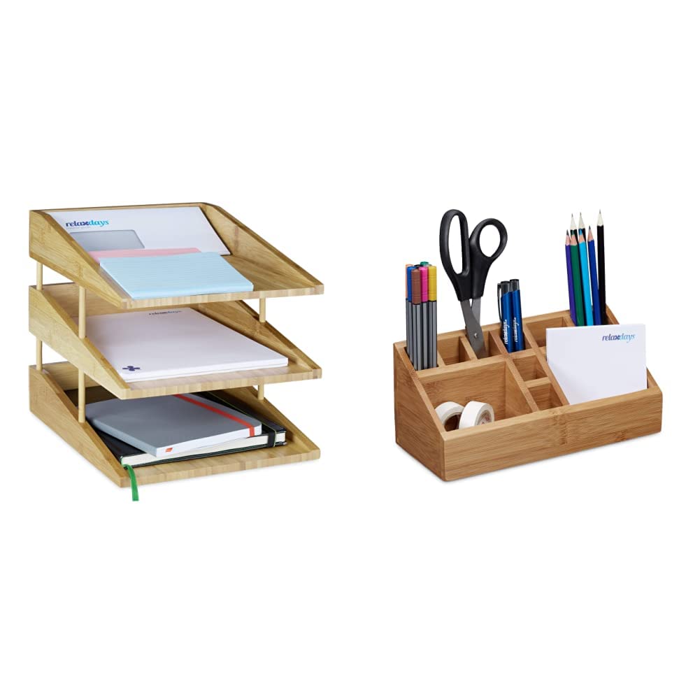Relaxdays Dokumentenablage Bambus, 3 Ablagefächer, Stapelbar & Schreibtischorganizer Bambus, Stifteköcher, 10 Fächer, natürliche Maserung, HxBxT: 10 x 23 x 10 cm, Natur