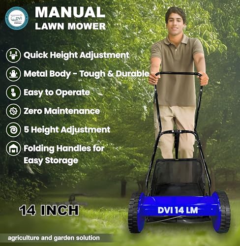 Image of DVI Manual Push Lawn Mower with 28L Premium Grass Catcher | 14-Inch Reel Push Grass Cutter Machine with 5-Position Height Adjustment with 5 Steel Resharpable Blades for Home, Garden and Yard.