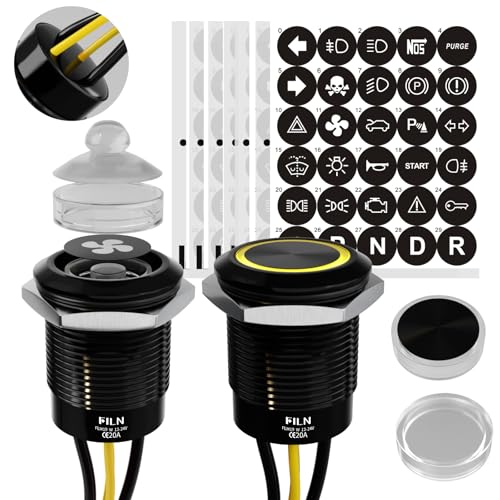 Image of 2PCS 19mm LED Latching Push Button Switch 12V 24V IP67 Yellow | Zink Aluminium 180 replaceable symbols for car truck motorcycle boat horn light fan pump control pre-wired easy install