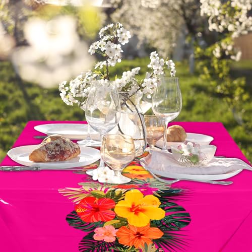Image of Irenare 12 Sheets Hawaiian Luau Tablecloths for Party Decoration 54 x 108'' Tropical Palm Leaves Table Cloth Hawaii Disposable Rectangular Plastic Table Cover for Summer Beach (Multicolored)
