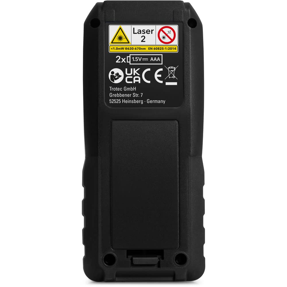 TROTEC Telémetro láser TD120 Rango de medición de distancias 120 m, Funciones Pitágoras, 99 Conjuntos de Datos (áreas rectangulares/cálculo de Volumen, IP54)