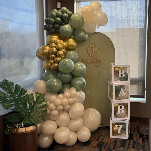 Image of Balloons Green Gold, 60 Packs 12 Inch Retro Sage Green Gold Metallic Balloon, Olive Green White Latex Balloons for Wedding, Birthday, Baby Shower, Safari Jungle Party, Anniversary Decorations