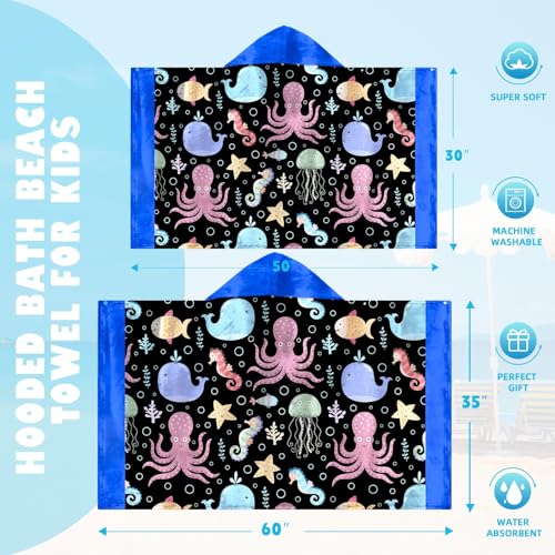 Image of Shark Boys Beach Towel with Hoodie for Kids Toddlers Age 4-8,Shark Blue Bath Towels Shower Wrap for Boys, Hooded Poncho Beach Blanket for Pool Swimming Cute Wearable Bath Towel for Child