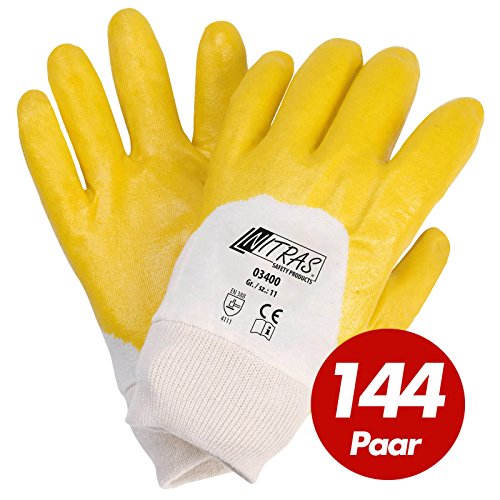Preisvergleich Produktbild NITRAS 03400 Nitrilhandschuhe mit Strickbund gelb - teilbeschichtet auf Baumwoll-Trikot Handschuh - VPE 144 Paar, Größe:9 (L)
