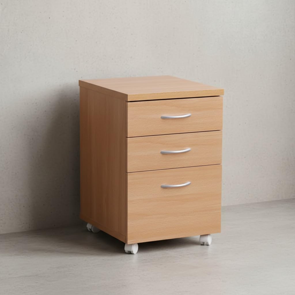 Moderner Büro Rollcontainer in Buche, 60 cm, mit 3 Schubladen, Elegante Aluminiumgriffe, praktische Rollen für leichte Beweglichkeit