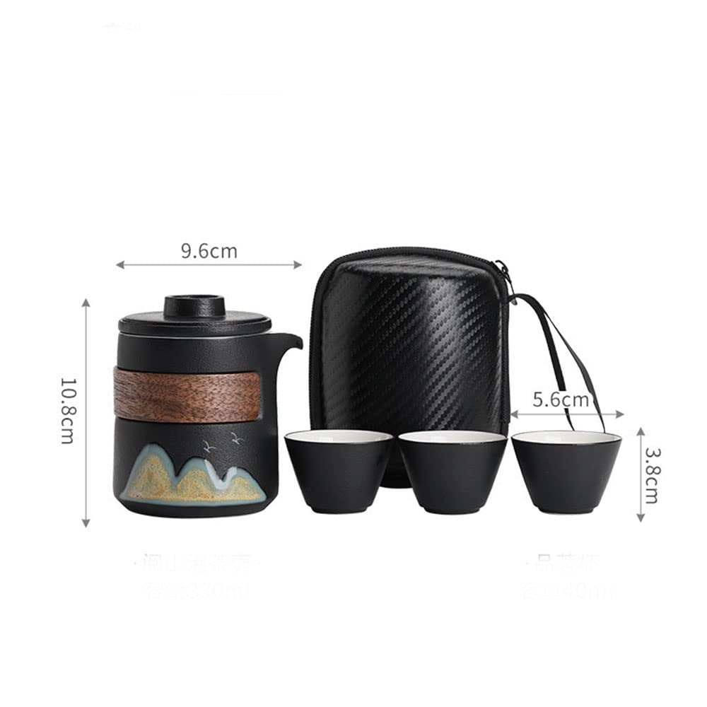 Set da tè giapponese da viaggio con borsetta/custodia, teiera in ceramica con infusore e tre tazze da tè Gongfu/Kungfu, manico in legno giapponese, borsa da viaggio portatile (nero)