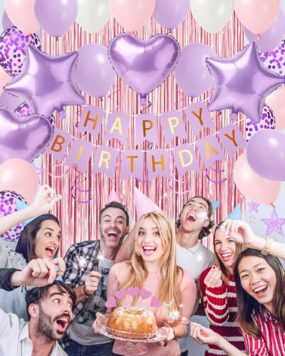 Image of Purple Pink Happy Birthday Party Decorations with Banner Balloons for Women