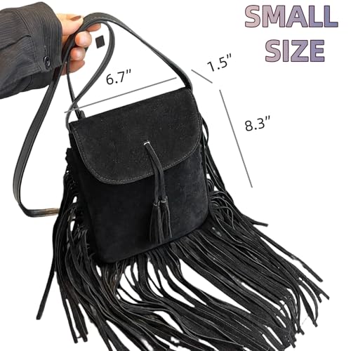 Image of Women Fashion Small Hobo Purse Fringe Designer Cell Phone Bag Suede Tassel Crossbody Bags Shoulder Handbag