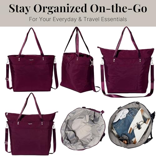 Image of Baggallini Carryall Tote - Lightweight Nylon Zipper Top Weekender Travel Beach Bag w /Luggage Sleeve