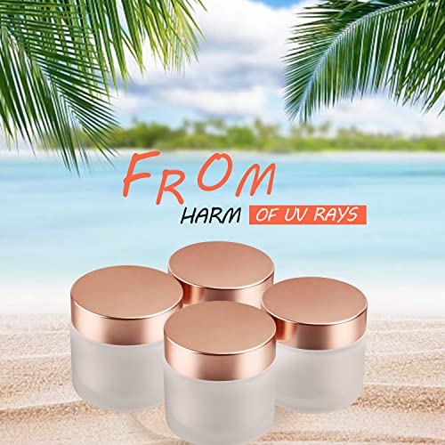 4 Pack 2 oz Frosted Glass Cream Jar,Empty Round Sample Jar Pot with Screw Lids&Inner Liner,Travel Storage Jar Container for Lotion, Eyeshadow,Moisturiser,gel-Rose Gold Lids4