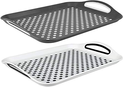 T&B® Juego de 2 bandejas de plástico antideslizantes para servir cena/bebidas con superficie de goma de alto agarre, asas de fácil agarre, color blanco y negro