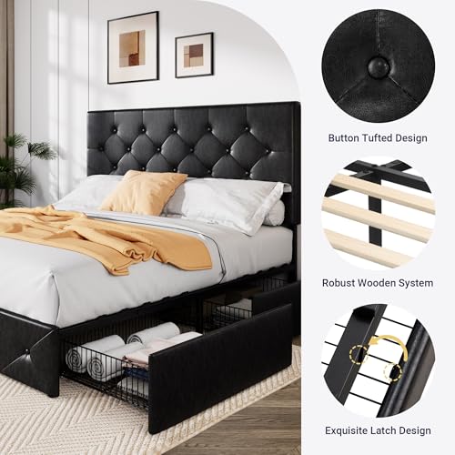 Image of Allewie Upholstered Full Size Platform Bed Frame with 4 Storage Drawers and Headboard, Diamond Stitched Button Tufted, Mattress Foundation with Wooden Slats Support, No Box Spring Needed, Black