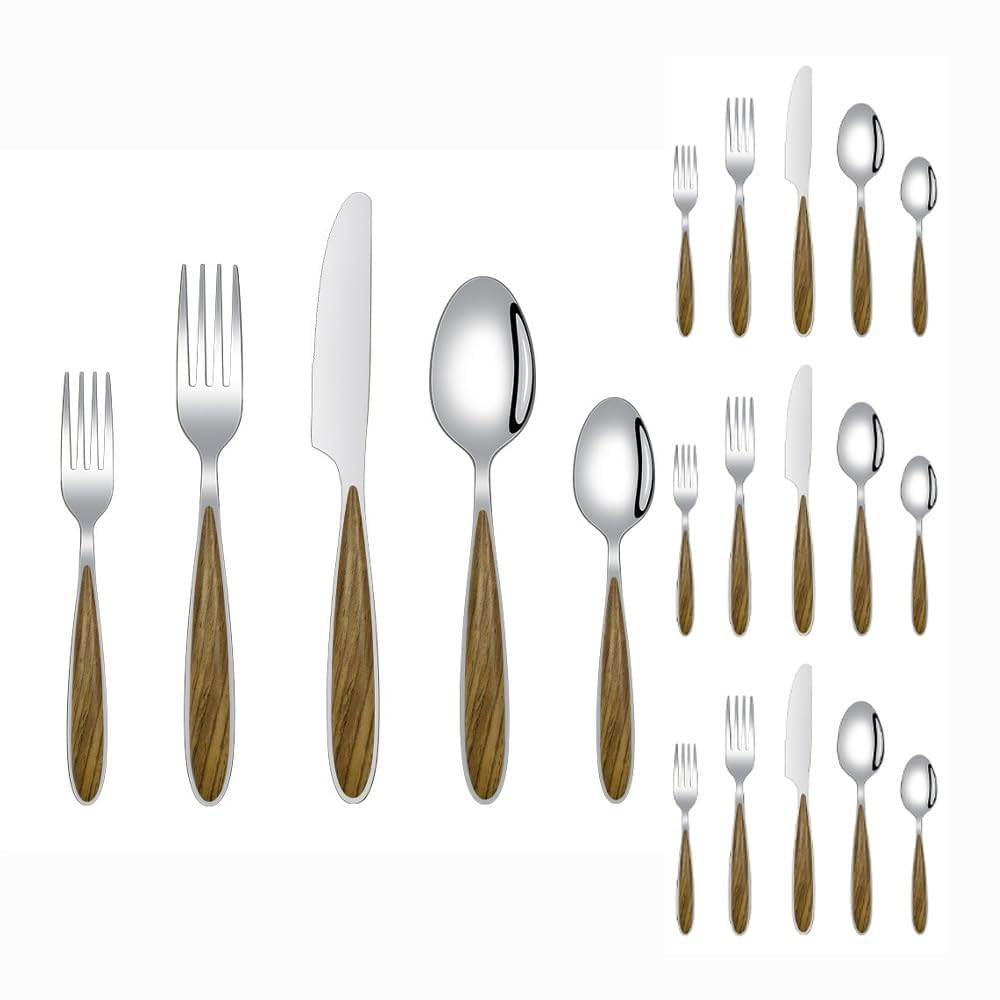 Cucina Imitazione Grano Del Legno Manico in Acciaio Inox Posate Da Tavola Posate Set Di Posate Coltello Da Bistecca Forchetta Cucchiaio Cucchiaino (A,20 pezzi)