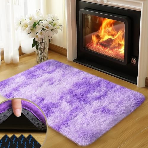 2x3 Rugs for Bedroom, Fluffy Area Rugs for Living Room, Soft Shag Kids Rug Small Carpet with 4 Non-Slip Rug Pads (Purple TieDyed, 2ft x 3ft)